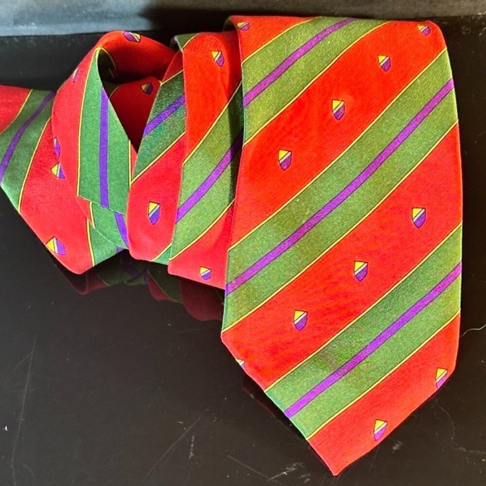 Emanuel Ungaro Silk Tie Red Green striped Modernist Mans EuC Festive Vintage